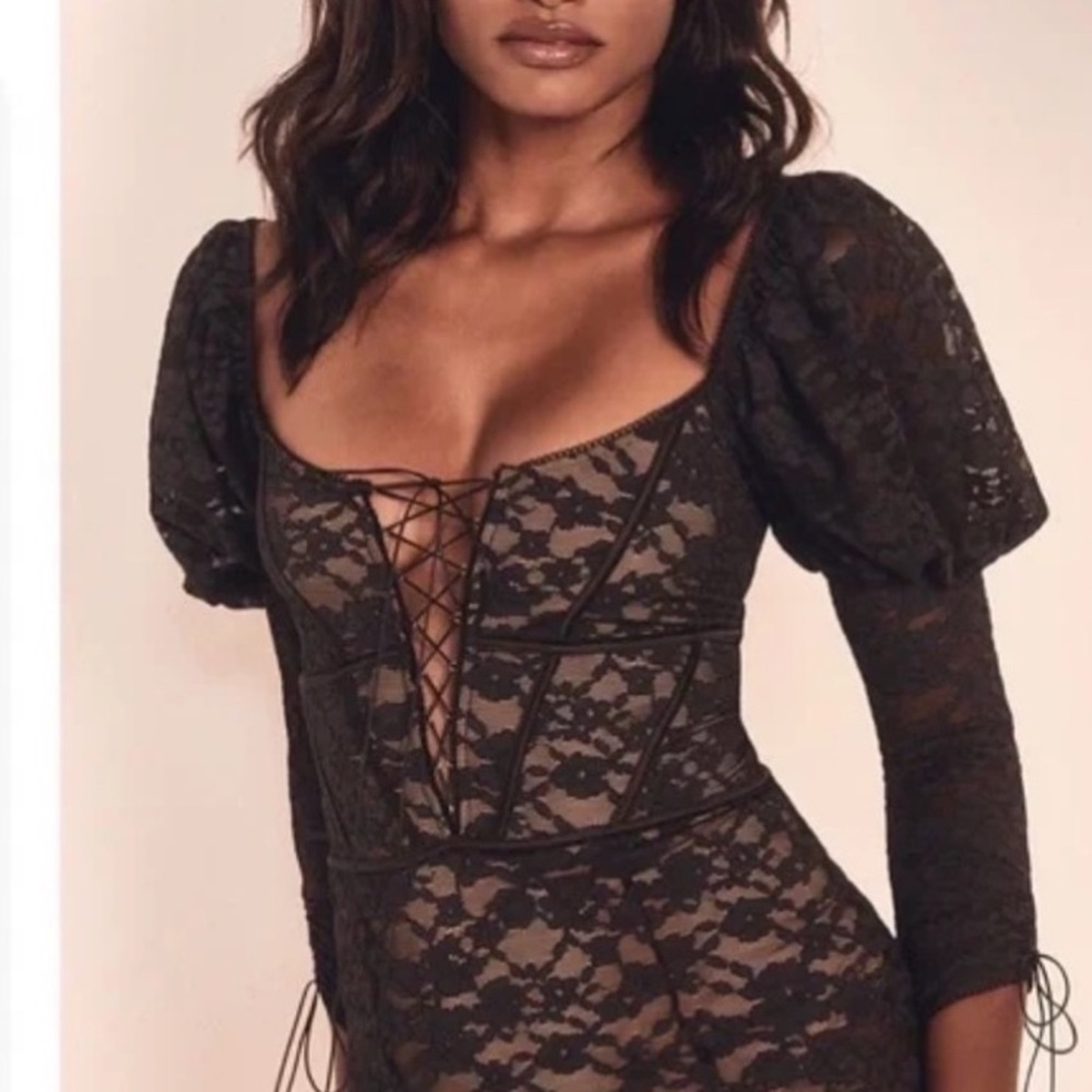 For Love & Lemons Black Lace Mini Dress Size Medium NWT Coquette Romantic Goth - Picture 2 of 16